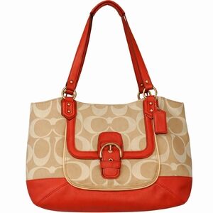 Coach Campbell Signature Belle Carryall Tote – Khaki & Pomegranate Pink Leather